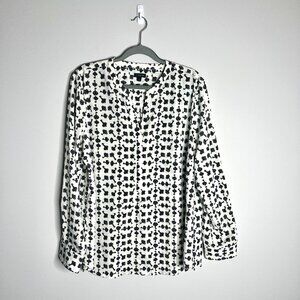 Talbots White Black Vintage Key Novelty Print Chiffon Popover Blouse Sz XL